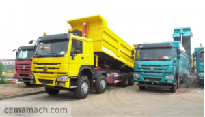 Three different colored 8x4 dump trucks by Sinotruk available for sale at Camamach