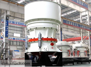 A white OEM Single cylinder Cone Crusher model in a warehouse ready to be shipped by Camamach